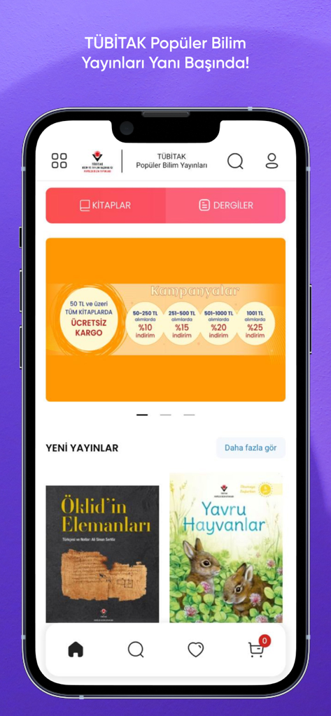 Home screen of the TÜBİTAK Yayınlar mobile app featuring Turkish popular science books and magazines.