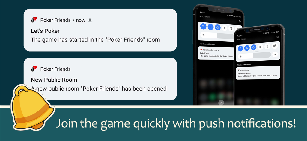 Push notifications on a smartphone for the Poker Friends mobile game.