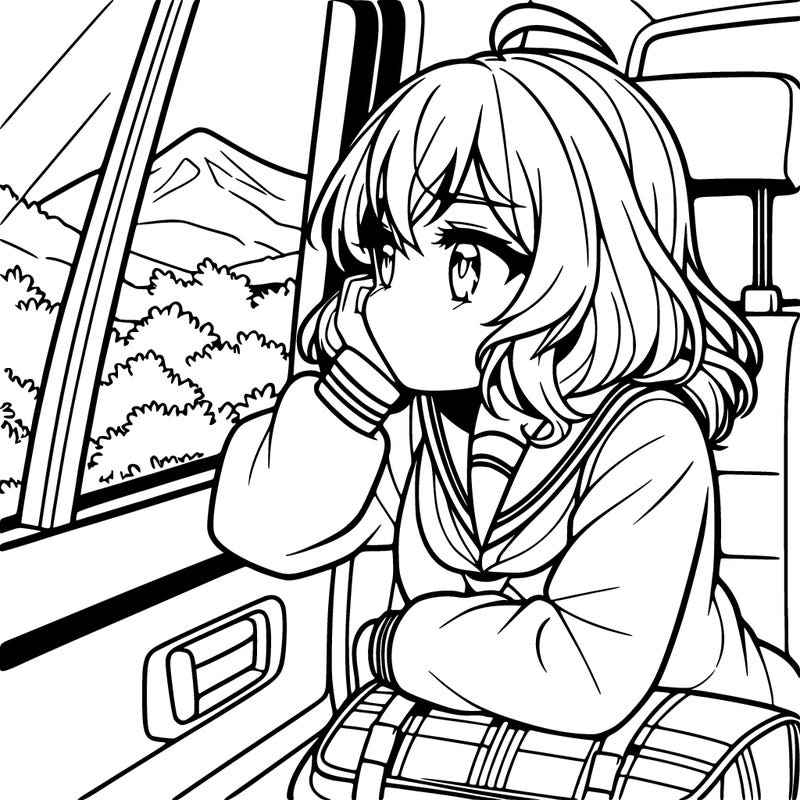 anime girl sighing with elbow on window sill on the back seat of the car looking outside the window of the car