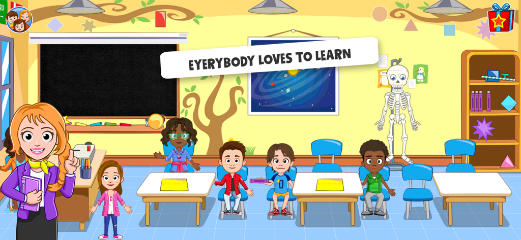 Un gruppo eterogeneo di studenti e un insegnante in un'aula colorata dalle storie della vita scolastica di My Town.