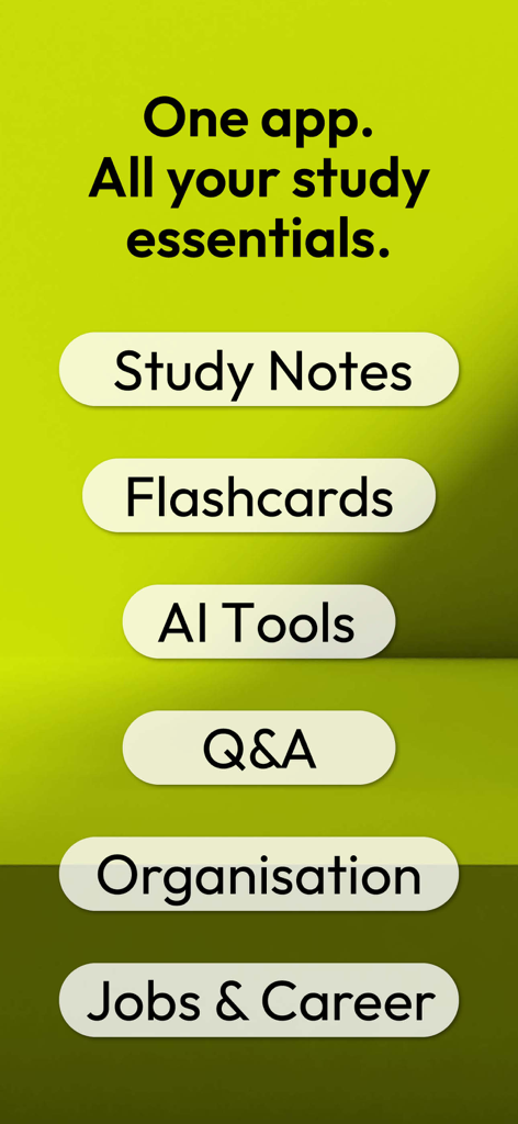 Ein limettengrüner Werbebildschirm für Studydrive, der Funktionen wie Lernnotizen, Karteikarten, KI-Tools und Karriereunterstützung auflistet.