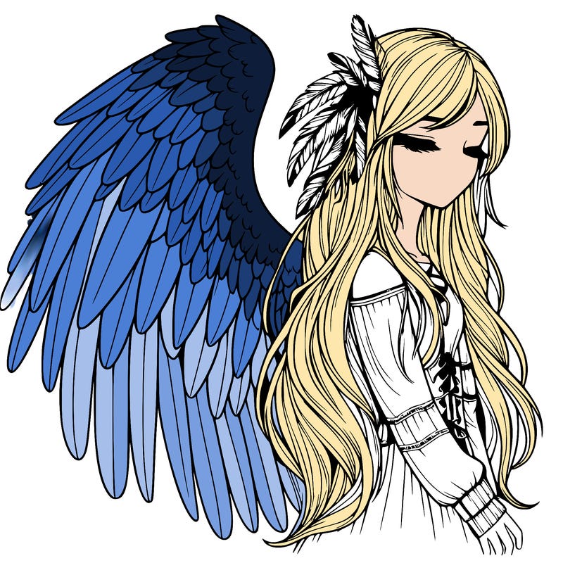 realistic girl with bird wings and some feathers in her hair