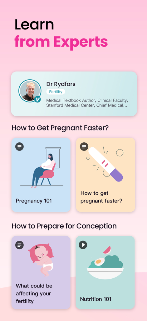 Femometer Fertility Tracker - Femometer app screen showing educational fertility courses and expert medical advice for pregnancy planning
