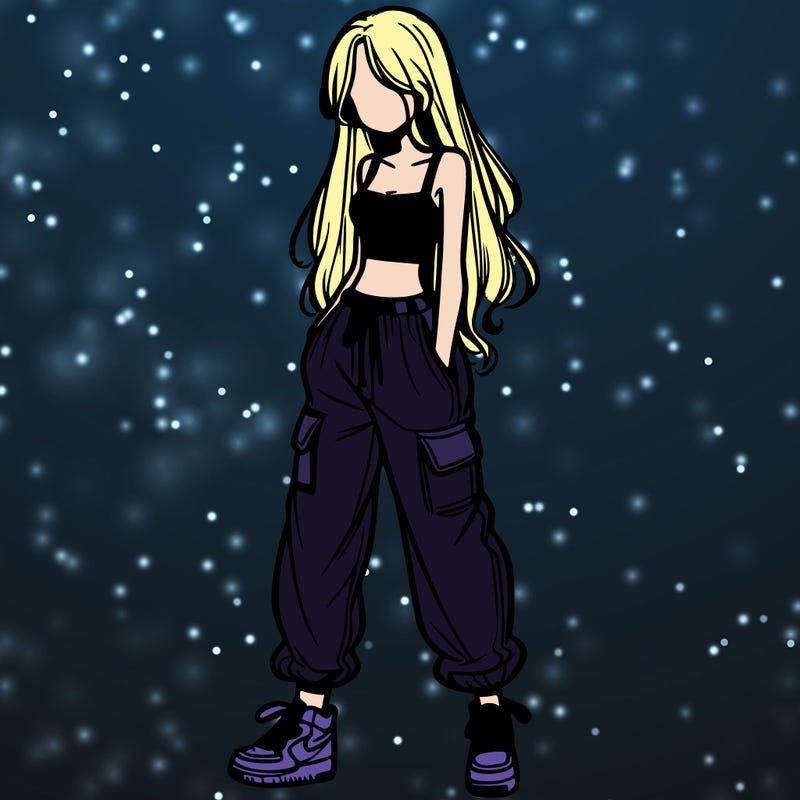 girl in baggy pants crop top and long hair