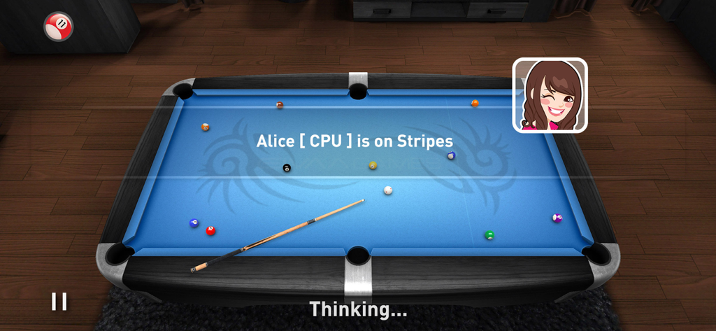 Real Pool 3D mobile game interface showing a billiards match against a CPU opponent on a blue table