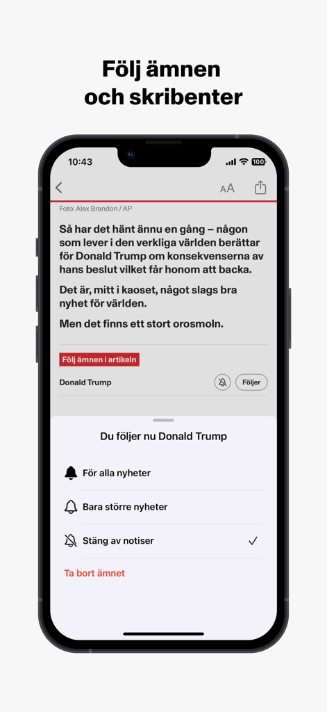 Interfaccia dell'app Aftonbladet per seguire argomenti di notizie specifici e personalizzare le notifiche push.