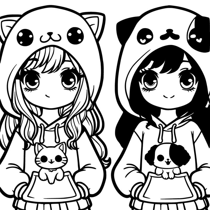 girl wearing cat hoodie and sister wearing dog hoodie