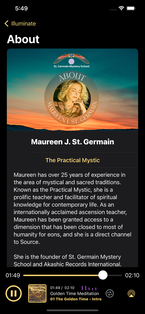 lluminate - About page featuring Maureen J. St. Germain, the Practical Mystic, in the Illuminate meditation app