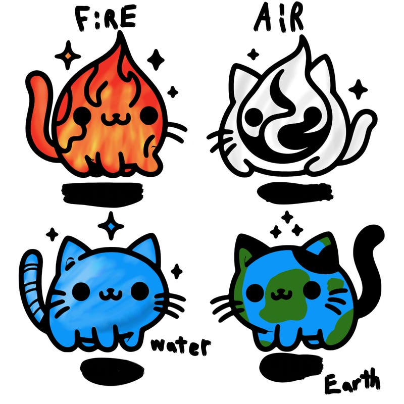 4 cats that represent the different elements, earth, water, air, and fire