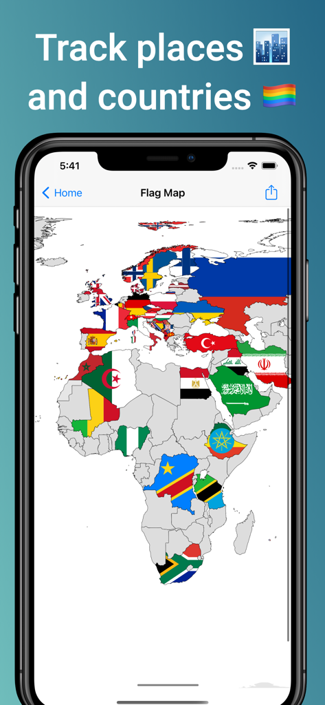 Places Been - Travel Tracker - iPhone screen displaying a world map where visited countries are filled with their respective national flags