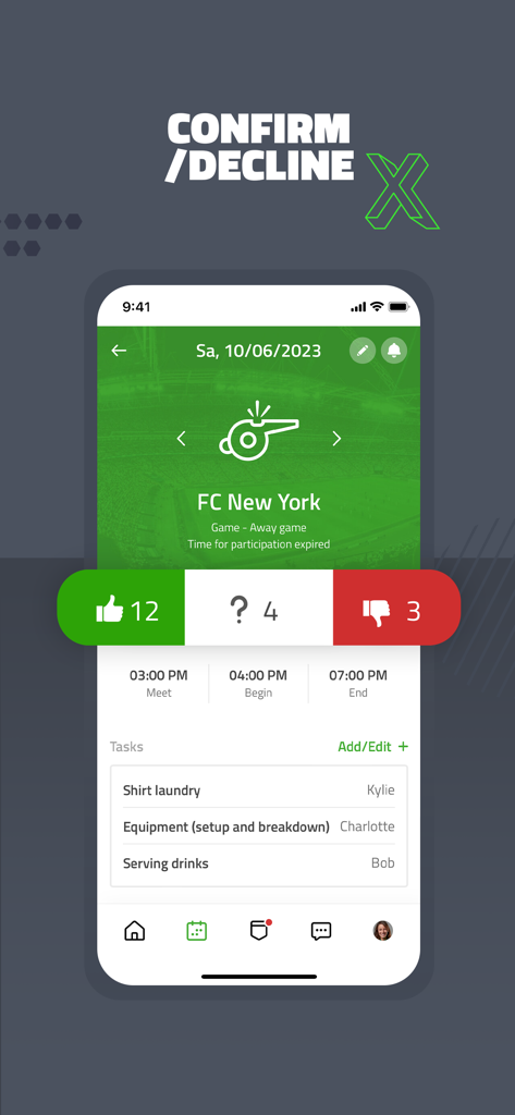 Bildschirm der TeamPlus-App, der Spiel-Zu-/Absagen und zugewiesene Teamaufgaben anzeigt.