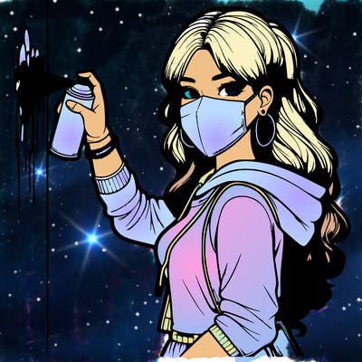 realistic girl with mask spray painting a wall