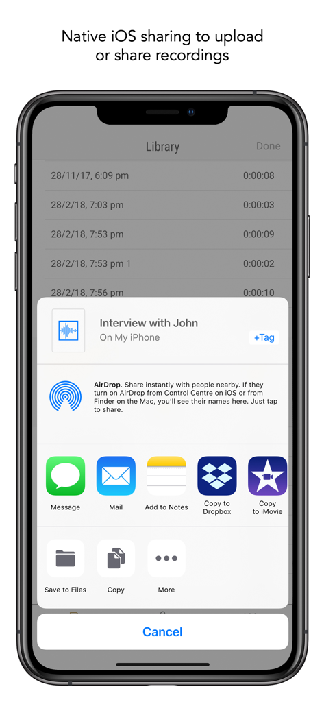 RØDE Reporter - Native iOS sharing interface in the RØDE Reporter app showing options to export and share audio recordings.
