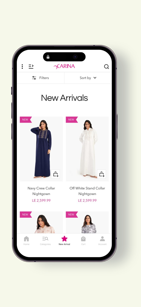 Carina Wear - Carina Wear shopping app displaying new arrivals of women's nightgowns on a mobile device.