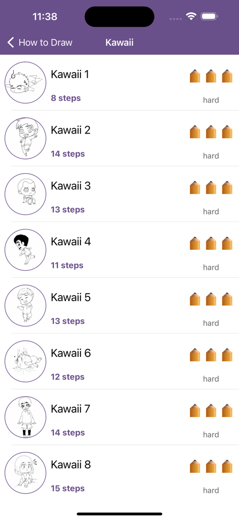 How To Draw Step By Step Easy - Una lista de personajes kawaii en una aplicación de tutorial de dibujo paso a paso que muestra el número de pasos y las calificaciones de dificultad.