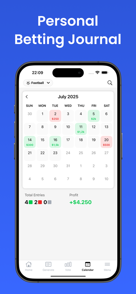 BetScore: Sports Betting Picks - A mobile app screen showing a personal betting journal with a calendar tracking wins losses and total profit.