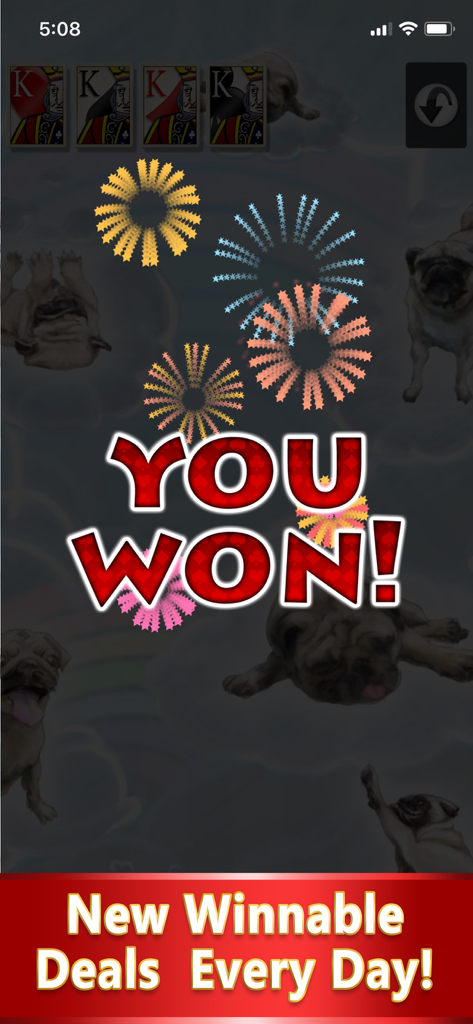 Solitaire: Deluxe® Classic - Solitaire Deluxe Classic victory screen with fireworks and pug backgrounds