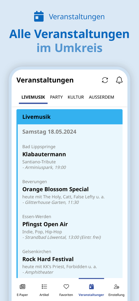 Der Patriot Lippstadt - Screenshot of local event listings in the Der Patriot Lippstadt mobile app
