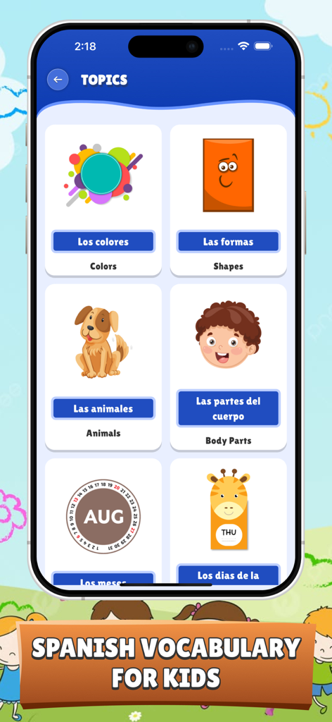 Spanish for Kids and Beginners - Screenshot of Spanish for Kids app showing educational topics like colors shapes and animals with cartoon illustrations
