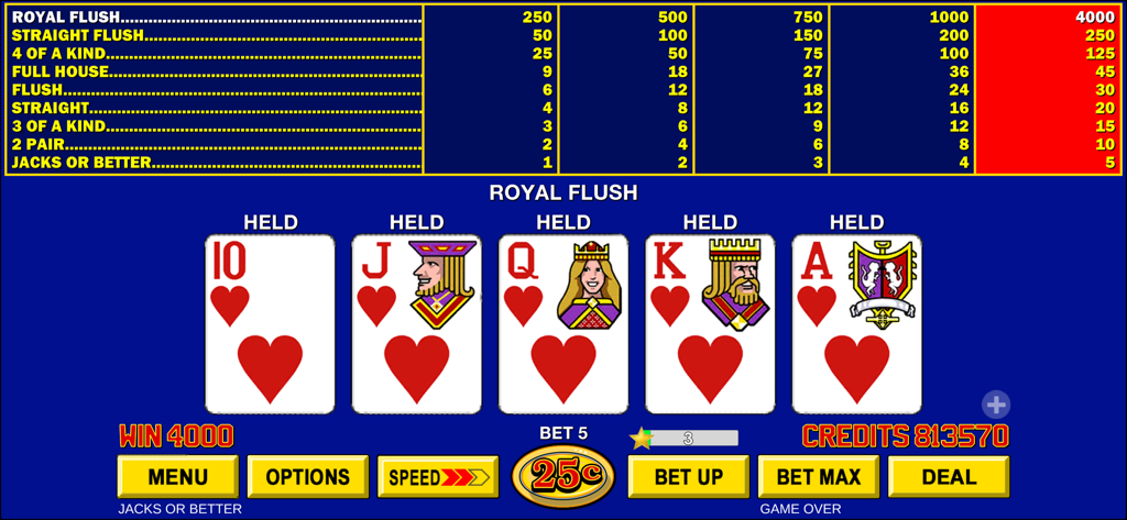 Video Poker ™ - Classic Games - クラシックなJacks or Betterビデオポーカーのインターフェースに、4000クレジットの勝利でハートのロイヤルフラッシュが表示されている。