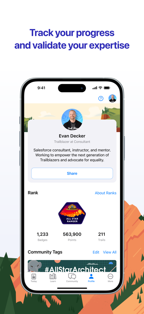 Trailhead GO - Screenshot of the Trailhead GO app showing a user profile with badges points and professional rank
