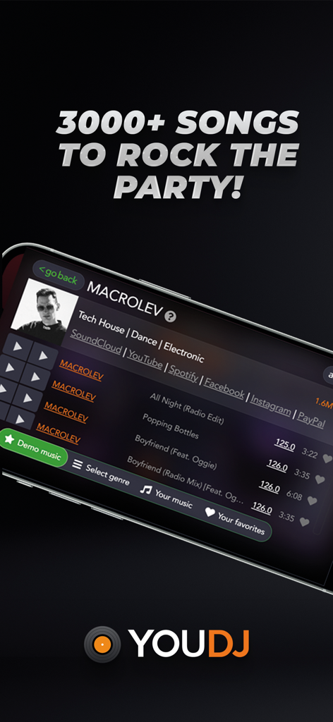 YouDJ Mixer app interface showing a music library with over 3000 songs for party mixing