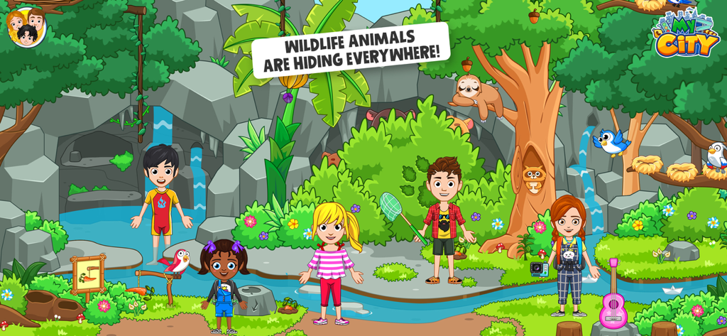 My City:Wildlife fun Adventure - Bambini che esplorano una scena nella giungla con animali nascosti nell'app My City Wildlife Adventure