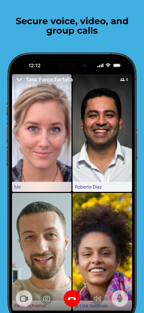 A group video call showing four participants on the Threema Work mobile application interface