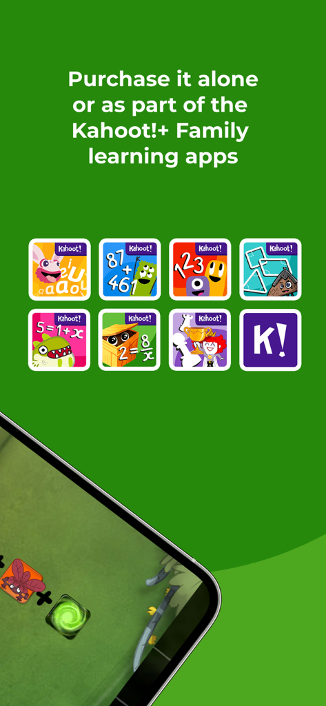 Cuadrícula de íconos de aplicaciones educativas Kahoot DragonBox promocionando el paquete de aprendizaje familiar