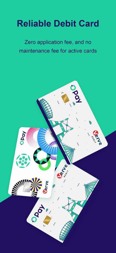 Three OPay Verve debit cards highlighting zero application and maintenance fees
