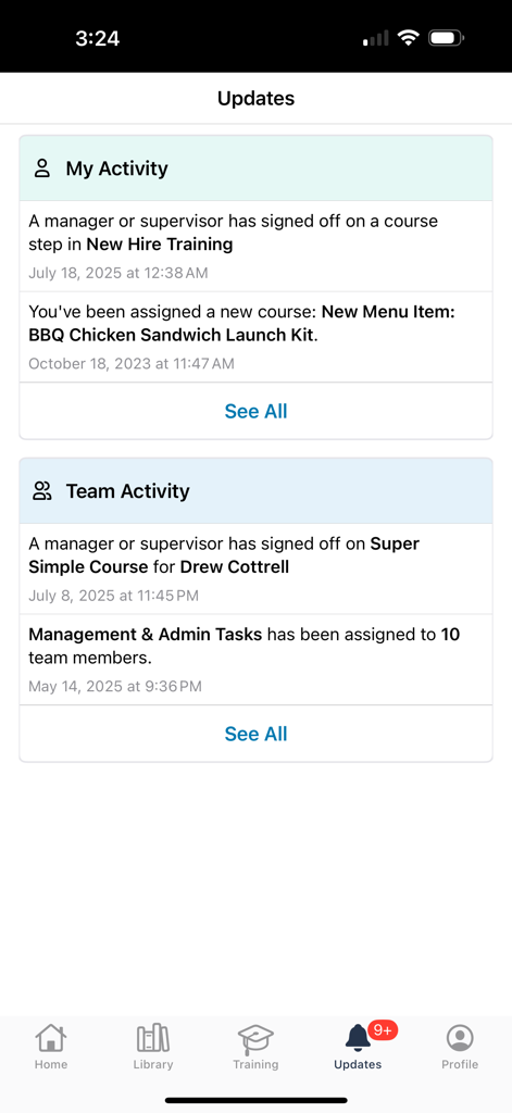 Inkling - The updates feed in the Inkling app showing training progress for individuals and teams.