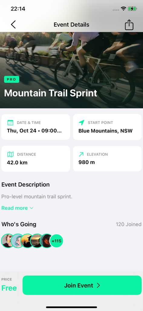 Yeka - Yeka app screen showing details for a Mountain Trail Sprint cycling event including distance and elevation
