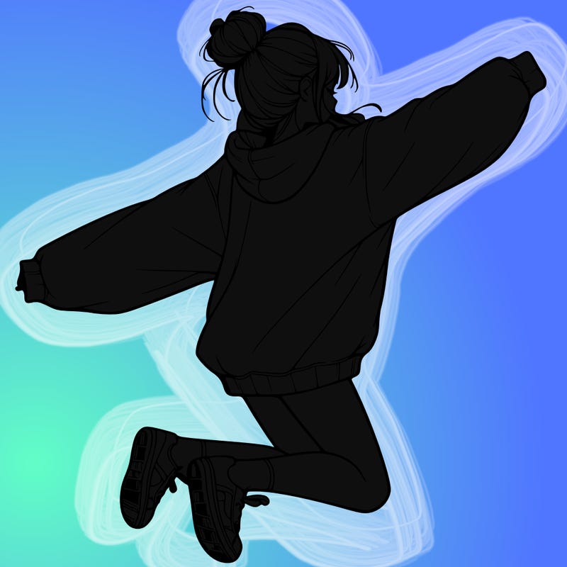 realistic girl jumping with a bun and oversized sweatshirt