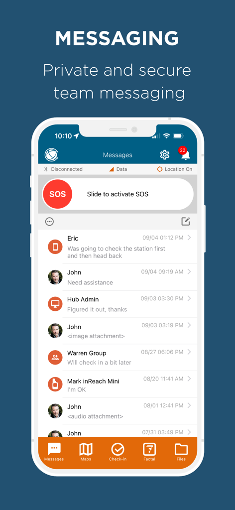 EVERYWHERE App - EVERYWHERE app interface showing secure team messaging and an SOS activation slider