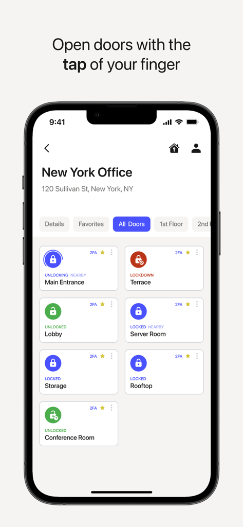 Kisi - Kisi mobile app interface showing access control for New York office doors