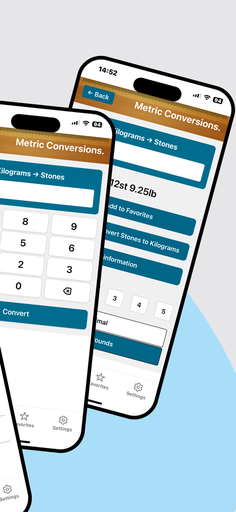 Metric Conversions Premium - Metric Conversions Premium app screens showing a conversion from kilograms to stones and pounds with a numeric keypad