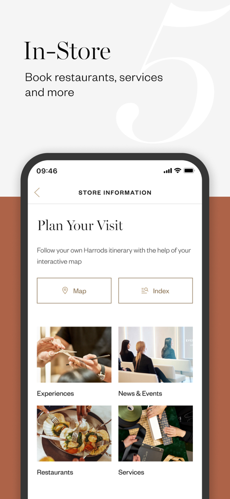 Interfaz de la aplicación Harrods para planificar una visita a la tienda, incluidas reservas de restaurantes y servicios
