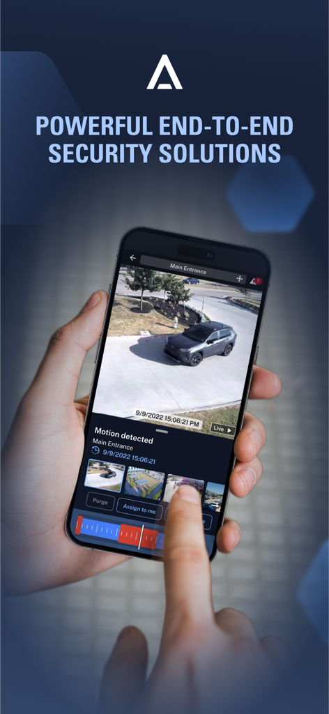 Avigilon Unity Video - Smartphone displaying the Avigilon Unity Video app interface with a live security camera feed and motion detection notification