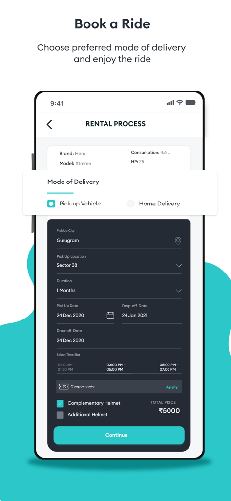 Freedo Rentals - Freedo Rentals app interface showing bike booking details and delivery options.