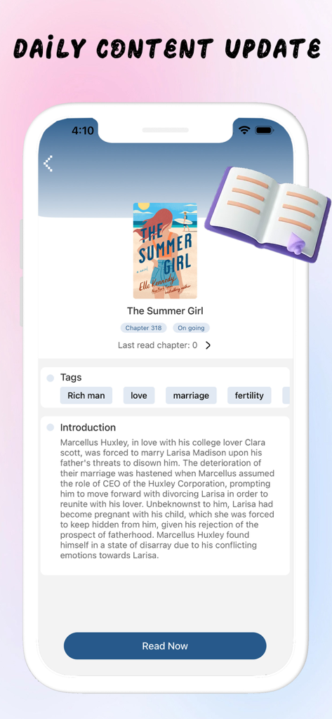 Light Reader - Mobile app screen showing a romance novel description with tags like rich man and love in Light Reader.