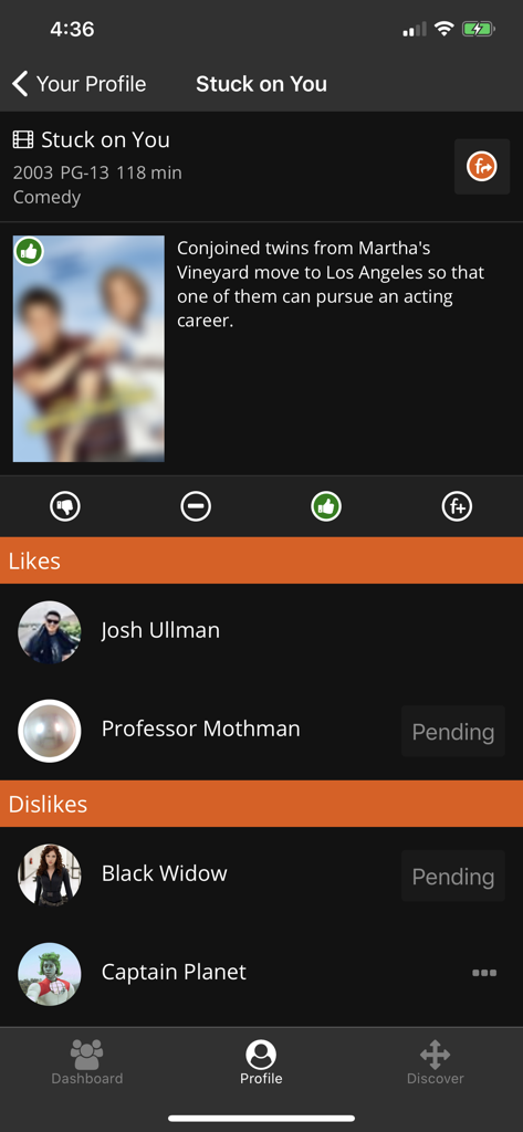 Freckle - Freckle mobile app screen displaying details for the movie Stuck on You along with a list of friends who liked or disliked it