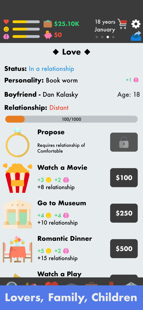 Captura de pantalla del juego móvil El Simulador de Vida que muestra el menú de relaciones con opciones para tener citas y proponer matrimonio