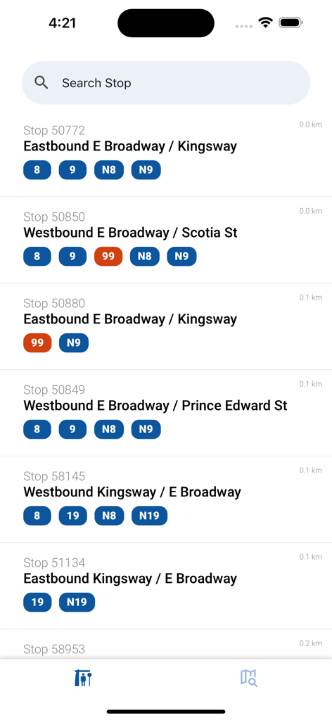 Vancouver Transit (TL) - A list of nearby TransLink bus stops and route numbers in the Vancouver Transit app