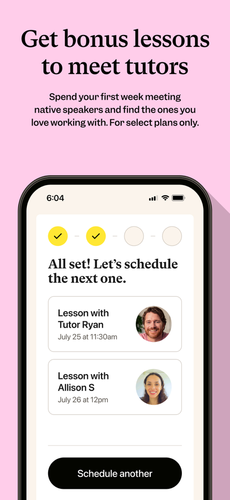 Cambly app interface showing scheduled English lessons with native speaking tutors