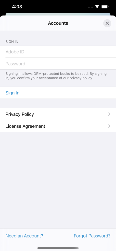 Bluefire Reader login screen for Adobe ID to read DRM protected ebooks