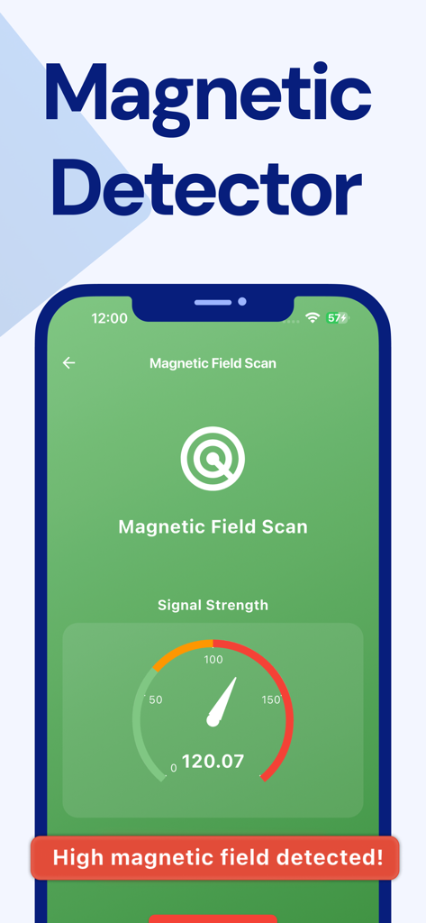 Camera Detector App - SpyFy - Oberfläche der SpyFy-App, die einen Magnetfeldsuchlauf mit einer Warnung vor starkem Signal anzeigt.