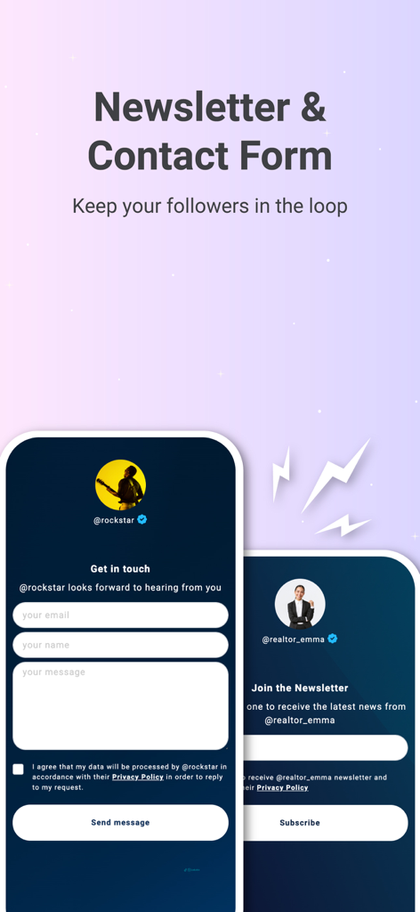 Lnk.Bio - Link in bio - Lnk.Bio interface showing integrated newsletter signup and contact forms for creators