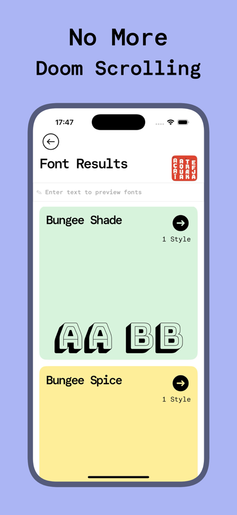 Font Finder: Fontastic - Mobile app screen showing Fontastic font identification results for Bungee Shade and Bungee Spice