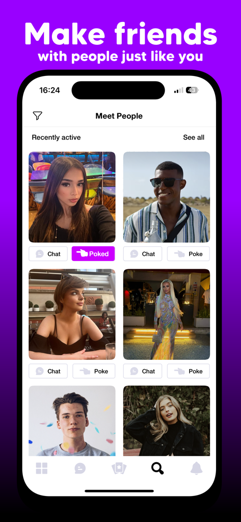 Kizz - Make new friends - Interface of the Kizz app showing a grid of recently active user profiles with options to chat or poke for friendship discovery.