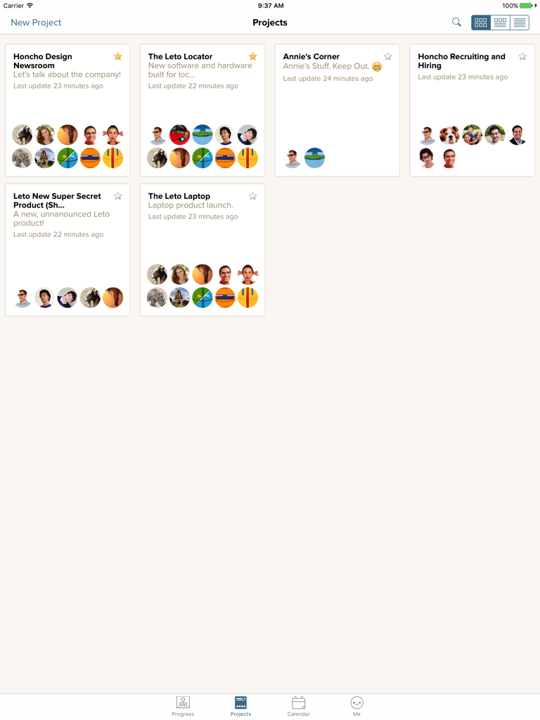 Basecamp 2 for iPad - The projects overview screen in Basecamp 2 for iPad displaying team projects as grid cards
